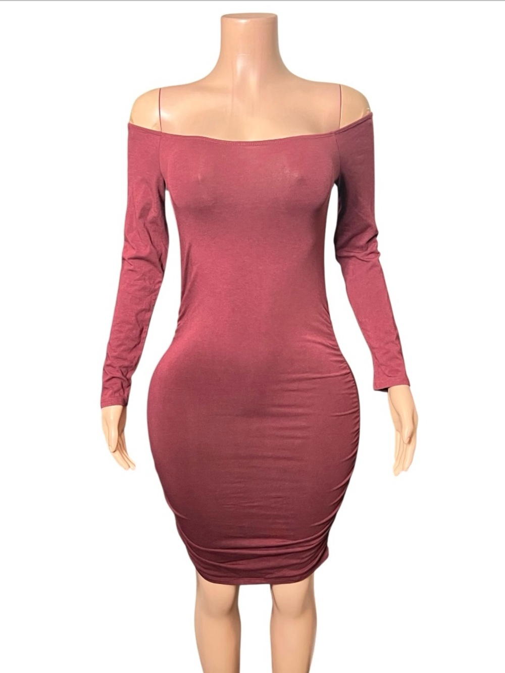 Off-Shoulder Long Sleeve Bodycon Dress in Burgundy